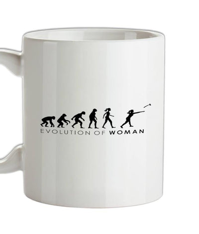 Evolution of Woman Axe Throwing Ceramic Mug