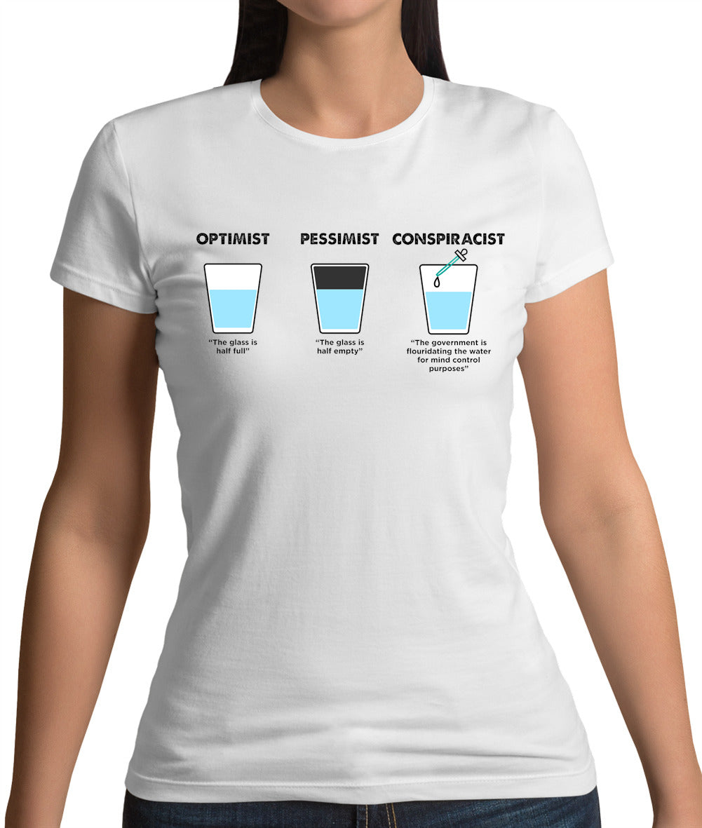 Optimist, Pessimist, Conspiracist Womens T-Shirt