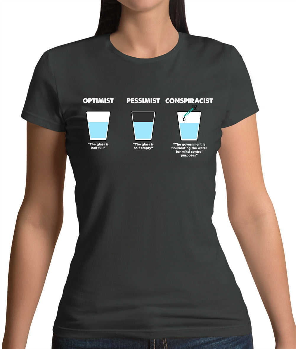 Optimist, Pessimist, Conspiracist Womens T-Shirt