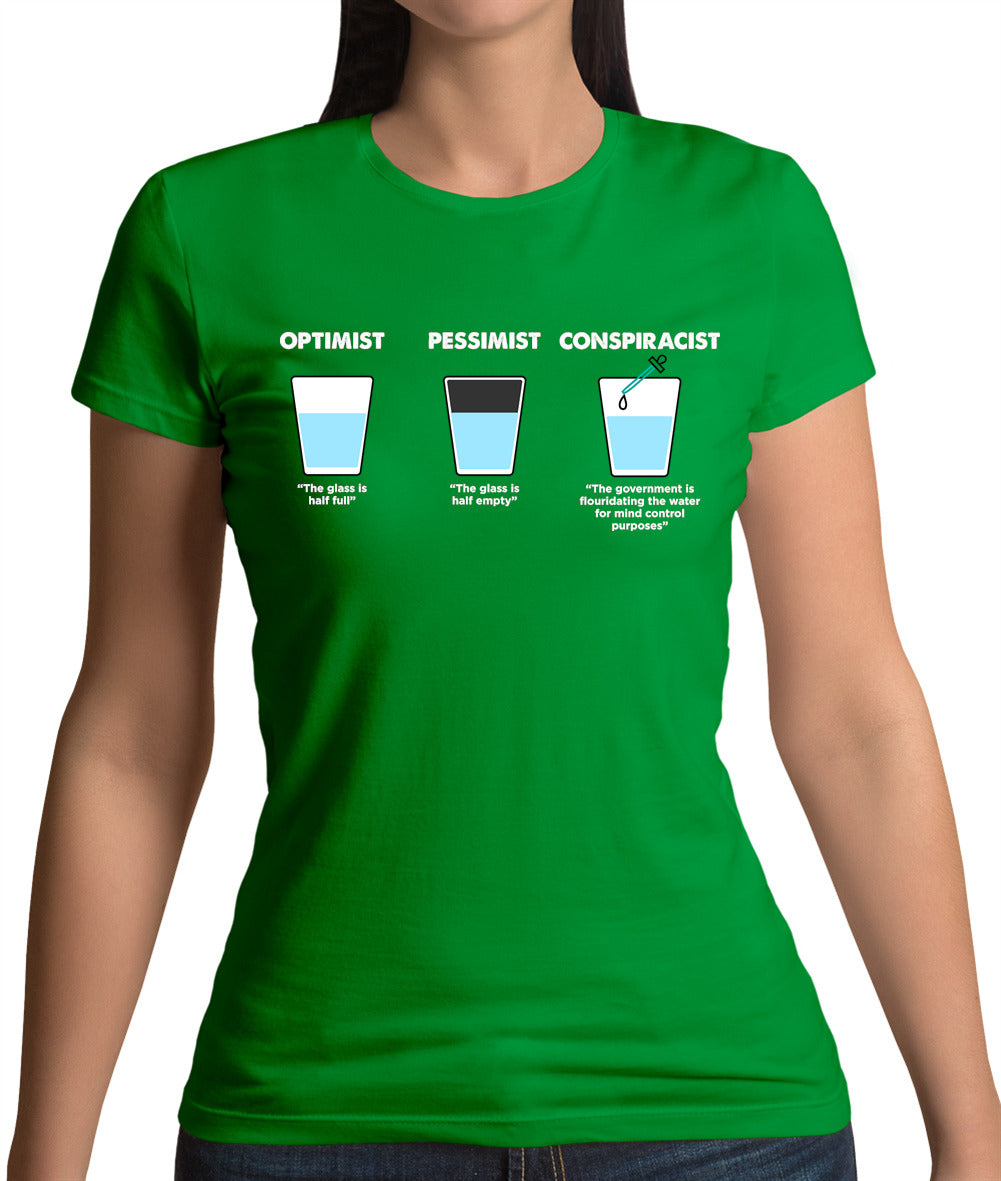 Optimist, Pessimist, Conspiracist Womens T-Shirt