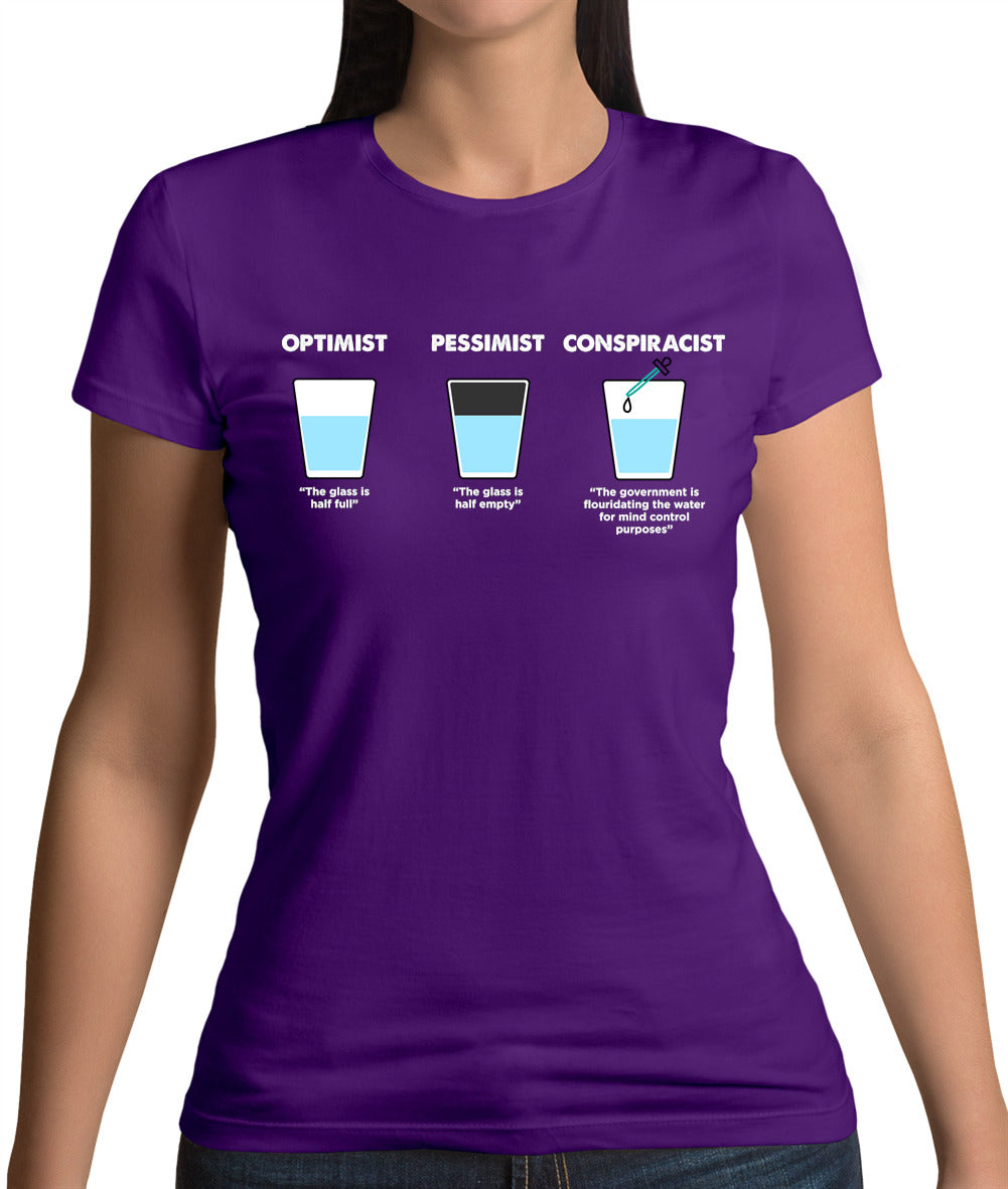 Optimist, Pessimist, Conspiracist Womens T-Shirt