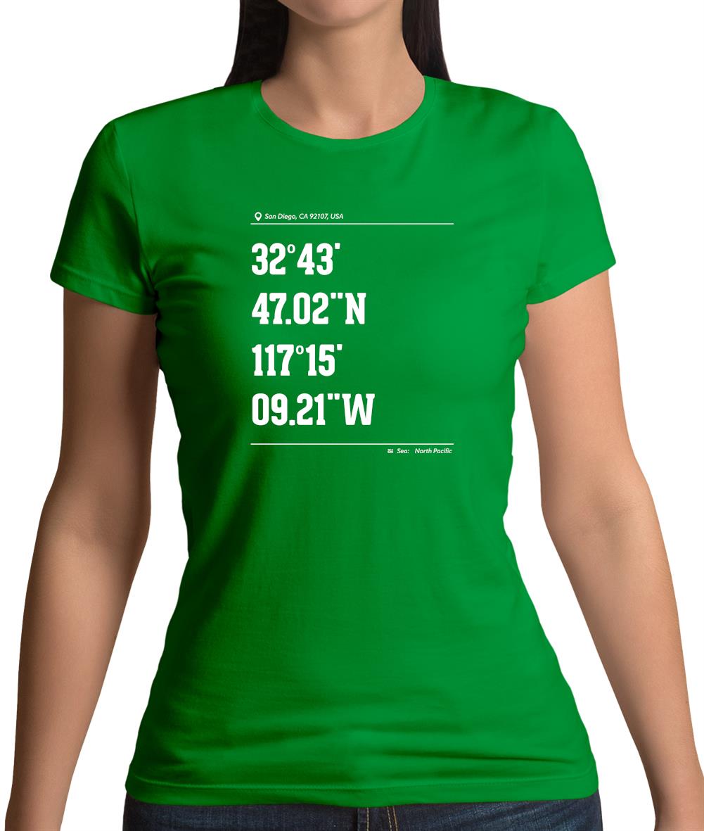 Surfing Coordinates Sunset Cliffs Womens T-Shirt