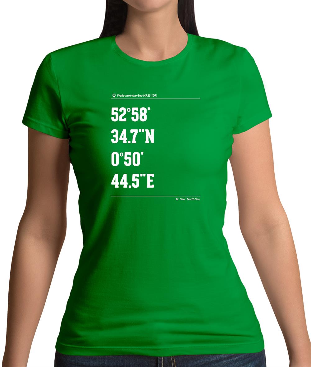 Surfing Coordinates Wells Next The Sea Womens T-Shirt